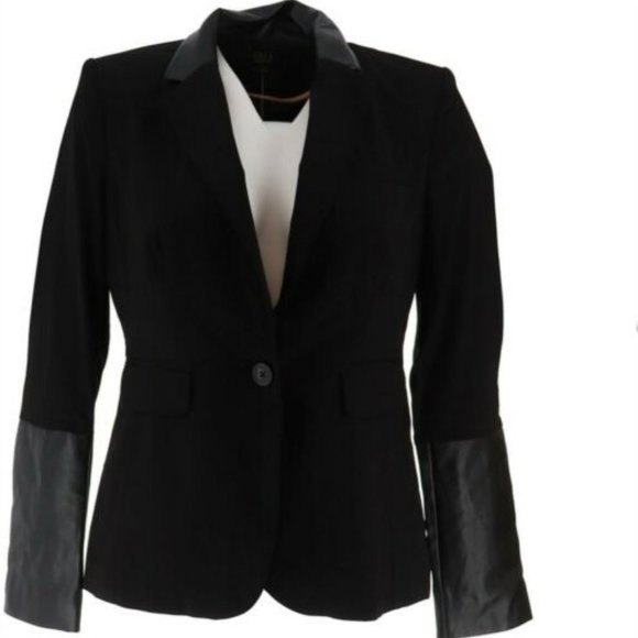 NWT G.I.L.I. NOIR BLACK FAUX LEATHER TRIM BLAZER 0 - Picture 2 of 9